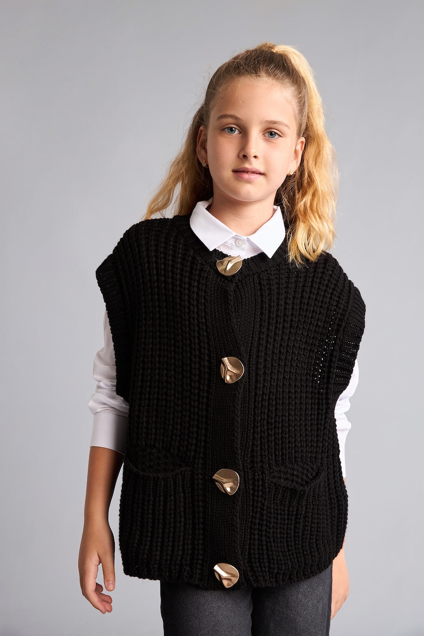 Girls & Teens Black يلك صوف قصة عادية بياقة مستديرة