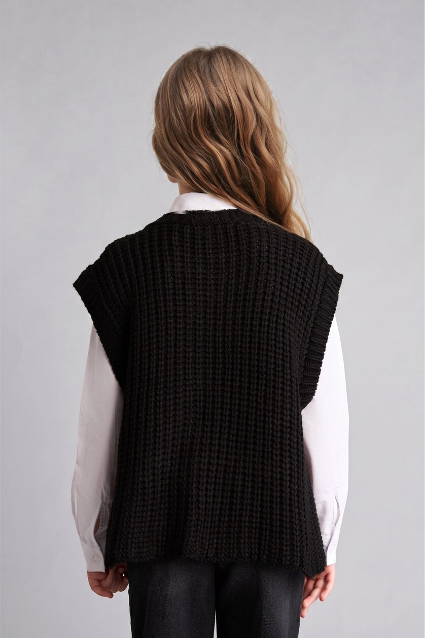 Young Girls - Teen Girls Black Girl Regular Fit Crew Neck Sweater Vest