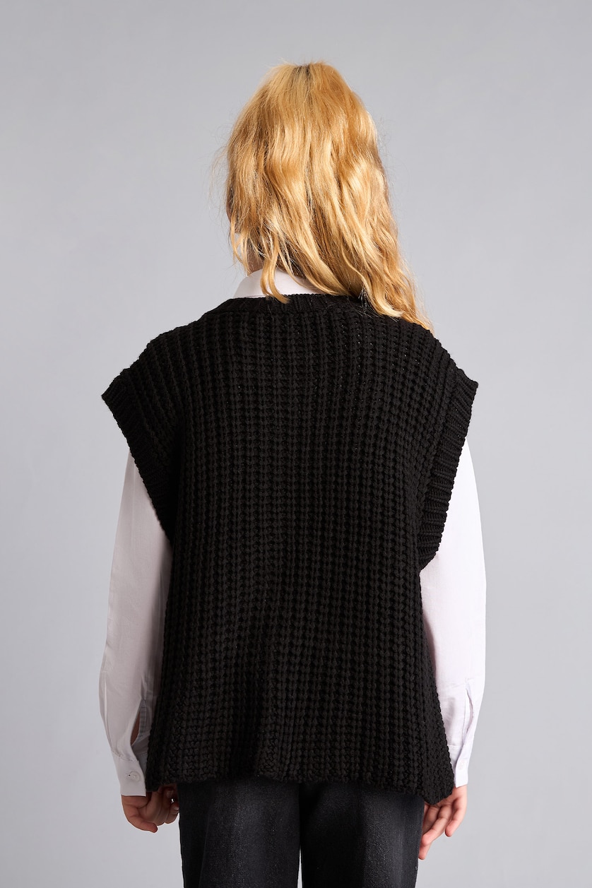 Girls & Teens Black يلك صوف قصة عادية بياقة مستديرة