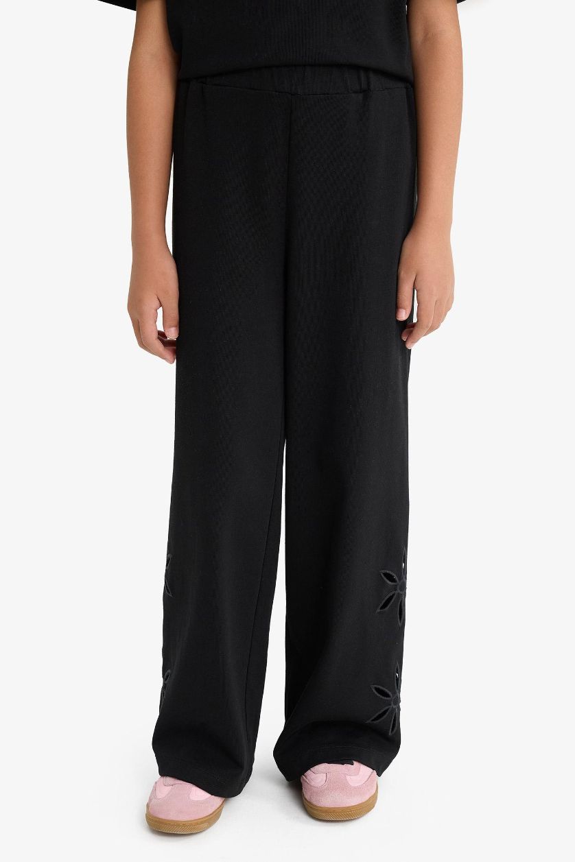 Kız Çocuk - Genç Kız Siyah Geniş Bol Paça Brode Pantolon Kız Çocuk