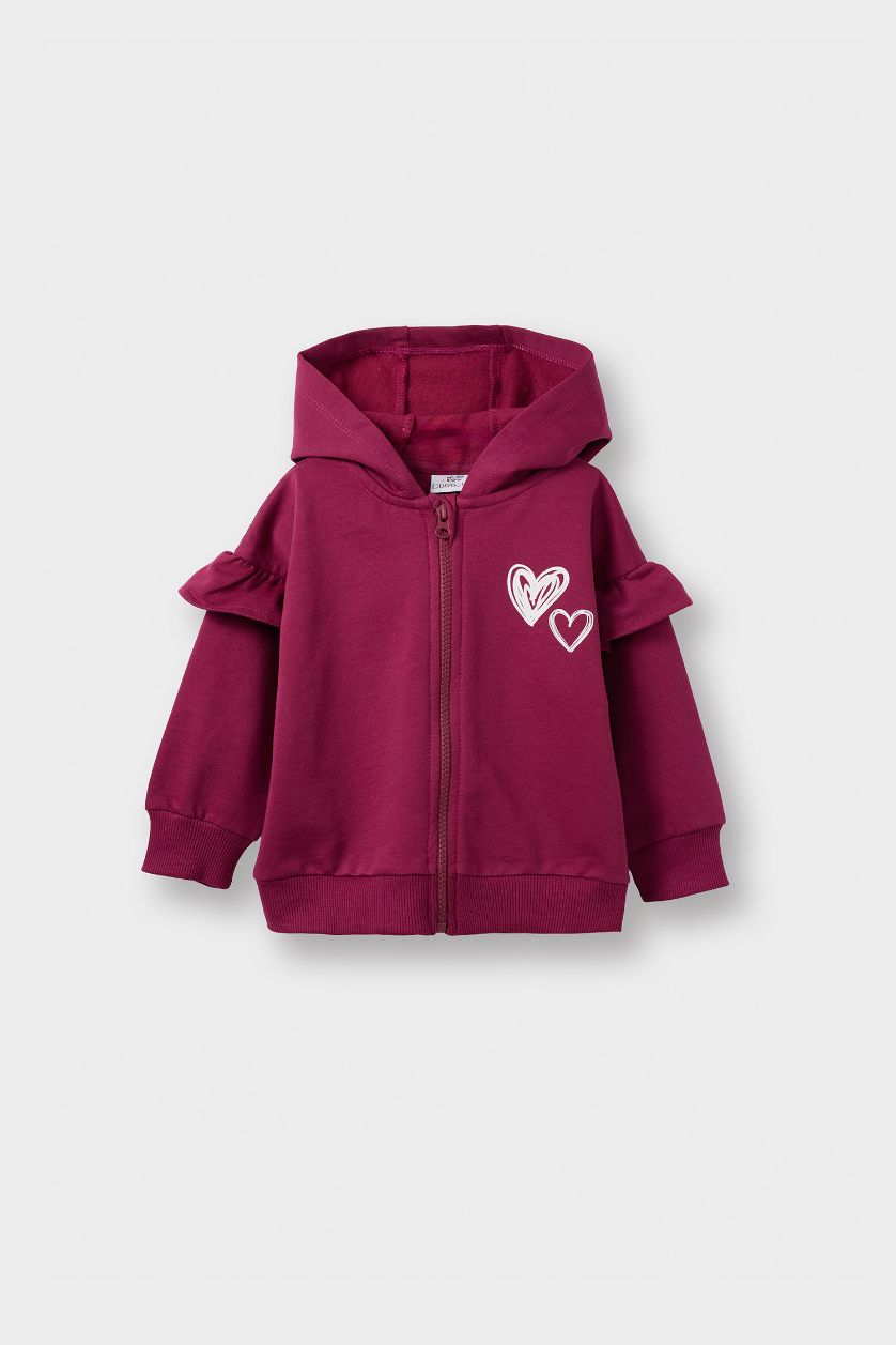 Kız Bebek Bordo Kalp Desenli Kapüşonlu Fermuarlı Sweatshirt Kız Bebek