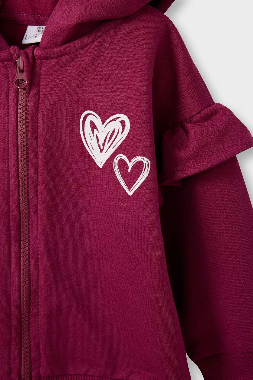 Kız Bebek Bordo Kalp Desenli Kapüşonlu Fermuarlı Sweatshirt Kız Bebek