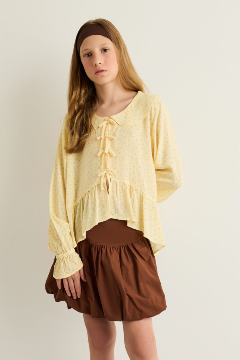 Kız Çocuk - Genç Kız Sarı Önden Bağlamalı Desenli Uzun Kollu Bluz Kız Çocuk