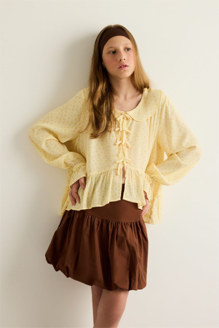 Kız Çocuk - Genç Kız Sarı Önden Bağlamalı Desenli Uzun Kollu Bluz Kız Çocuk