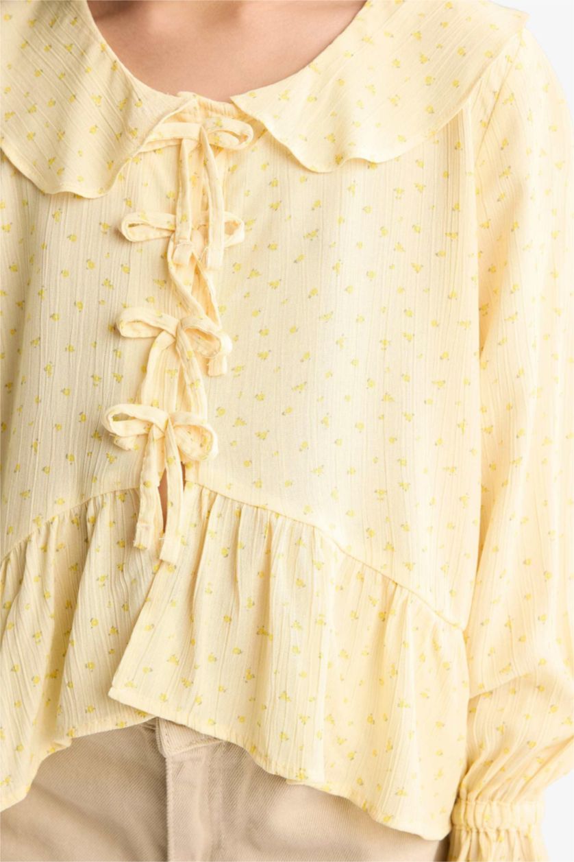 Kız Çocuk - Genç Kız Sarı Önden Bağlamalı Desenli Uzun Kollu Bluz Kız Çocuk