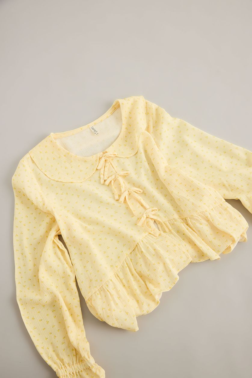 Kız Çocuk - Genç Kız Sarı Önden Bağlamalı Desenli Uzun Kollu Bluz Kız Çocuk