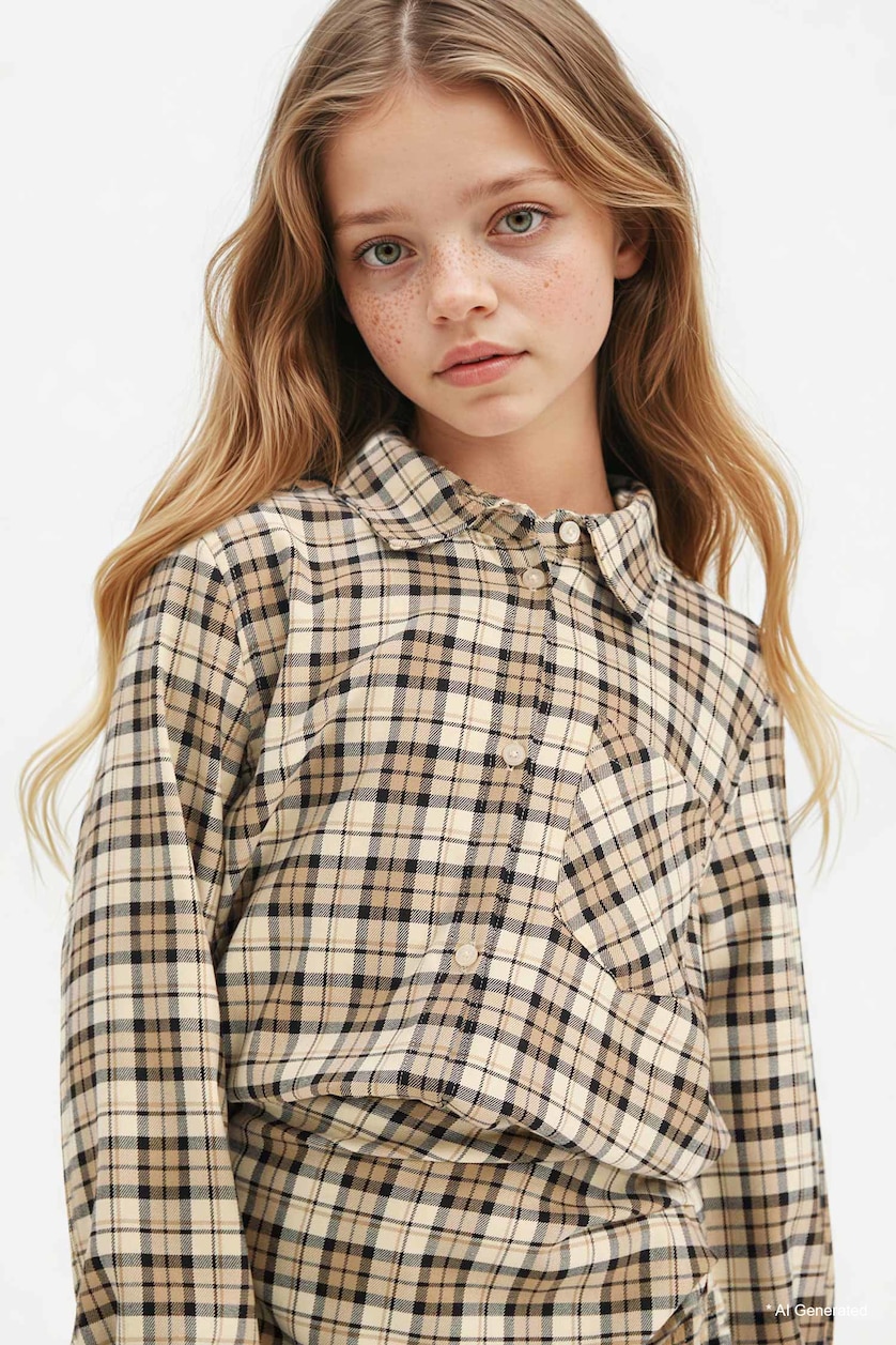 GIRLS & TEENS Beige Girl Oxford Plaid Long Sleeve Shirt