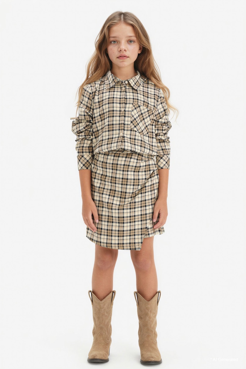GIRLS & TEENS Beige Girl Oxford Plaid Long Sleeve Shirt
