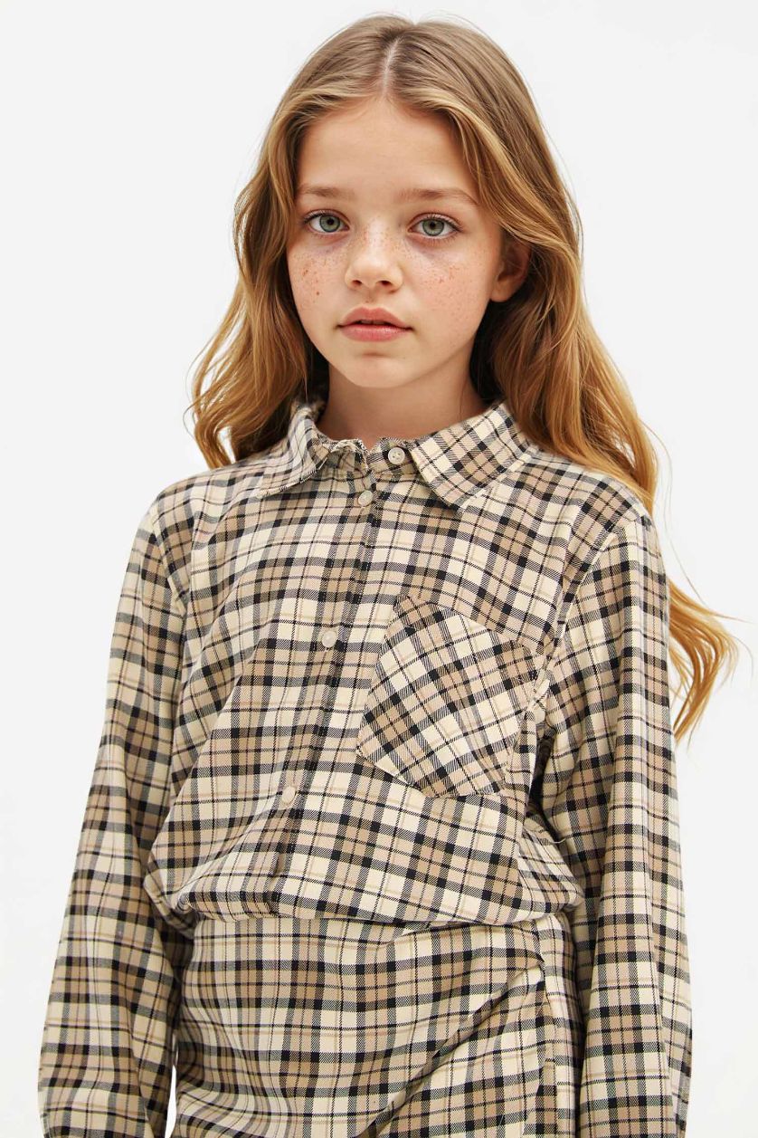 Kız Çocuk - Genç Kız Bej Oxford Kareli Uzun Kollu Gömlek Kız Çocuk