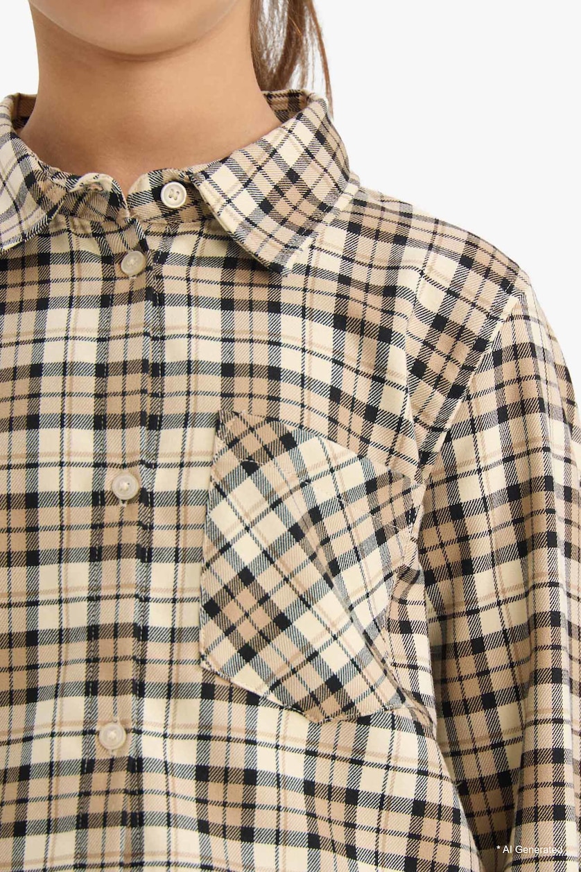 GIRLS & TEENS Beige Girl Oxford Plaid Long Sleeve Shirt
