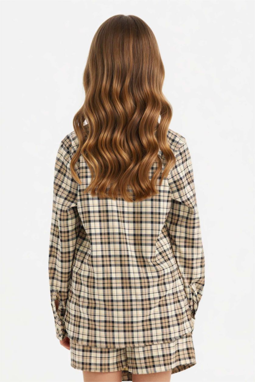 Kız Çocuk - Genç Kız Bej Oxford Kareli Uzun Kollu Gömlek Kız Çocuk