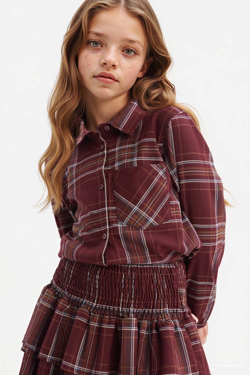 GIRLS & TEENS Bordeaux Girl Oxford Plaid Long Sleeve Shirt