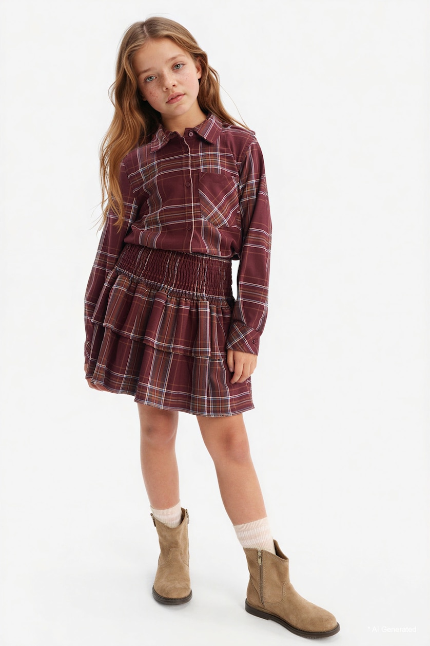GIRLS & TEENS Bordeaux Girl Oxford Plaid Long Sleeve Shirt
