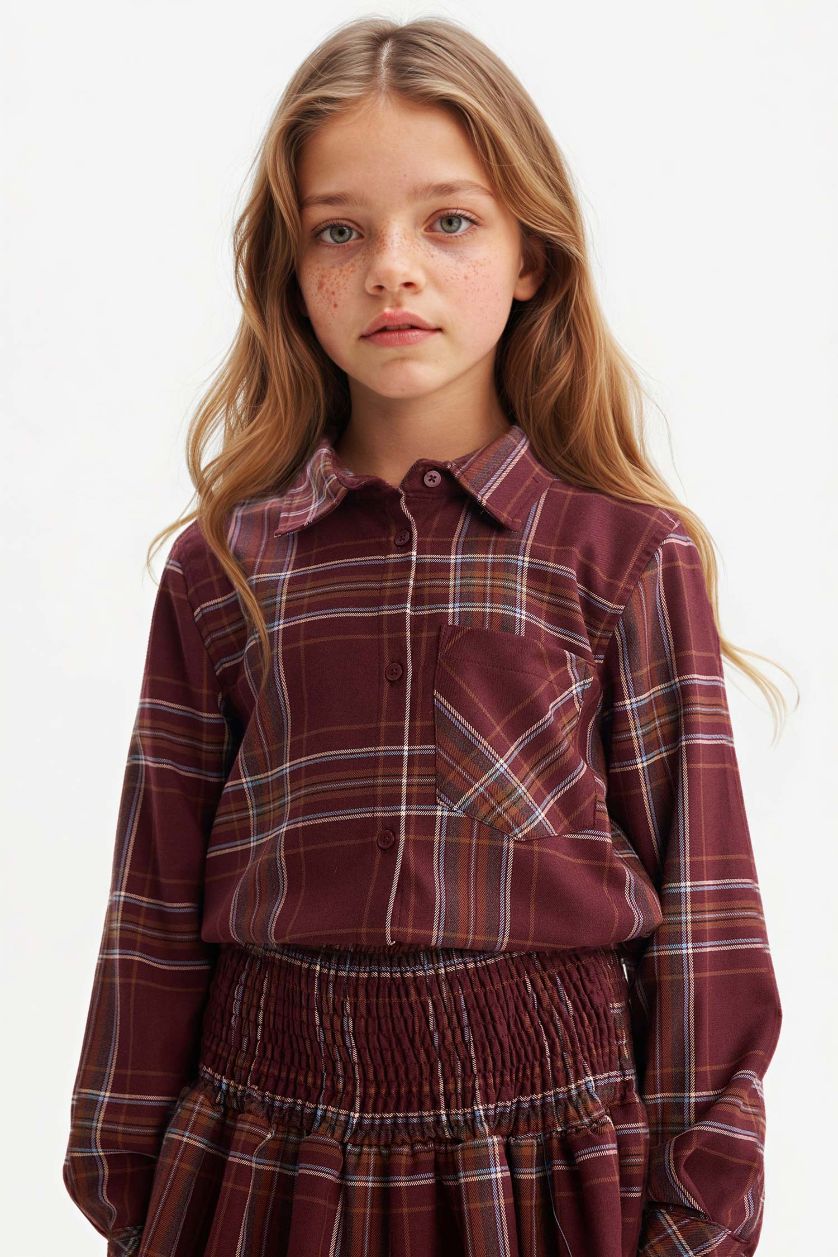 بناتي خمري قميص كاروهات كم طويل أوكسفورد قصة عادية