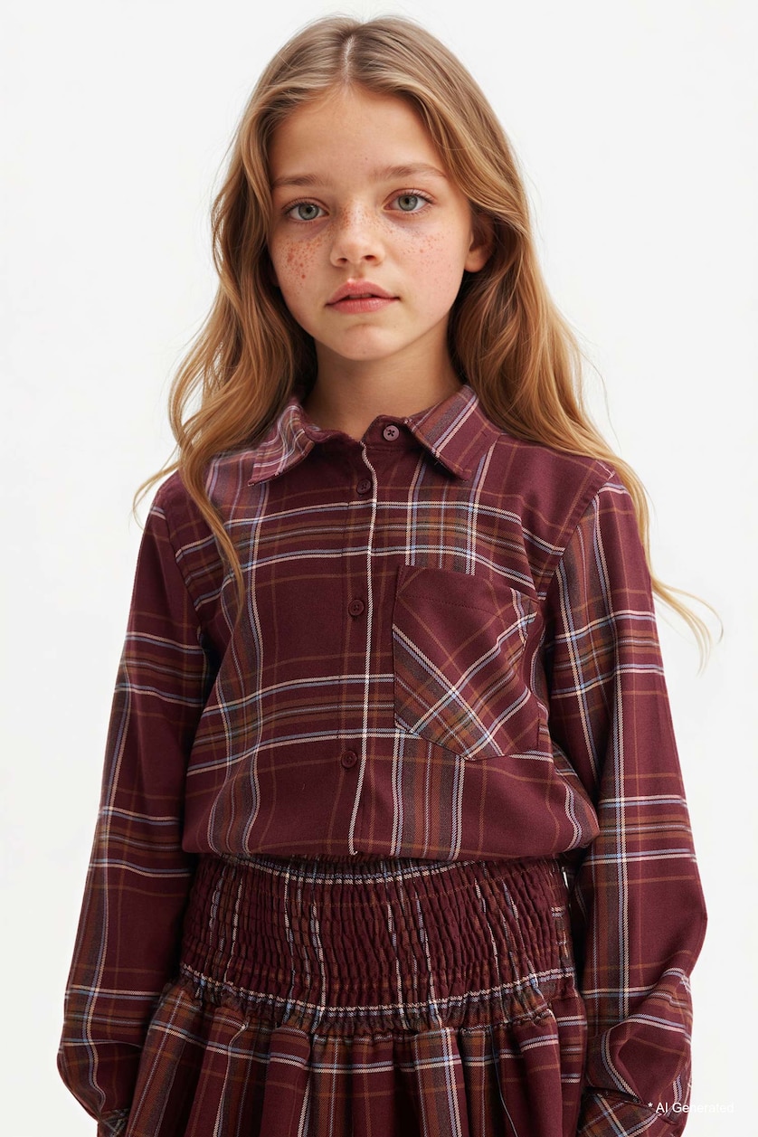 GIRLS & TEENS Bordeaux Girl Oxford Plaid Long Sleeve Shirt