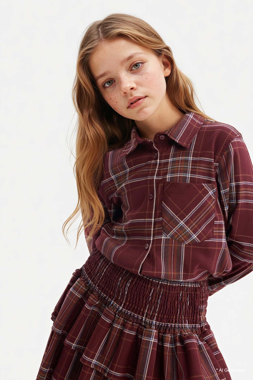 GIRLS & TEENS Bordeaux Girl Oxford Plaid Long Sleeve Shirt