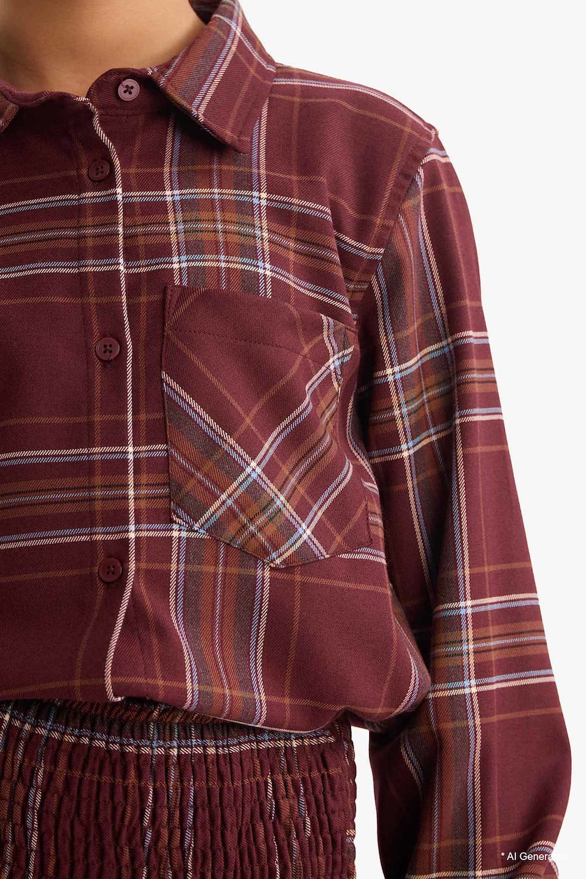 GIRLS & TEENS Bordeaux Girl Oxford Plaid Long Sleeve Shirt