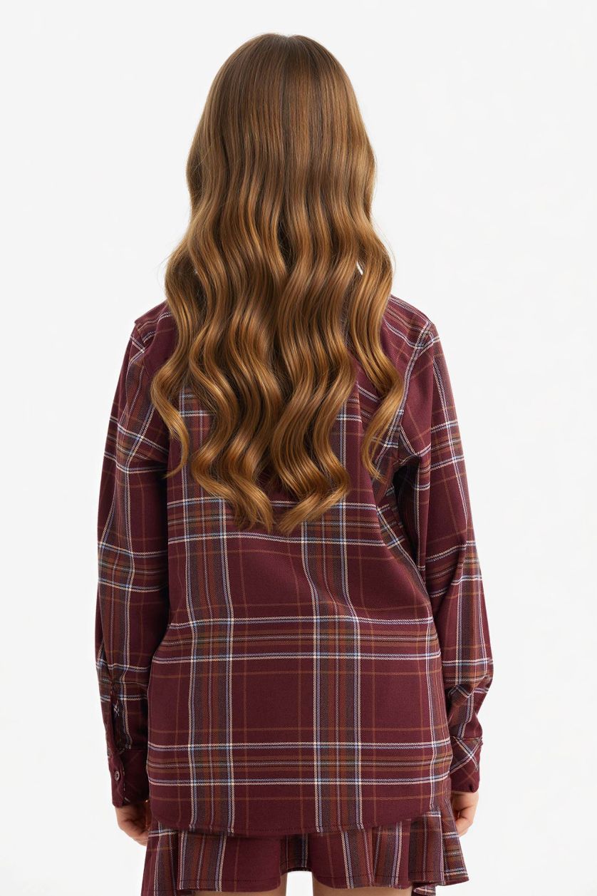 بناتي خمري قميص كاروهات كم طويل أوكسفورد قصة عادية