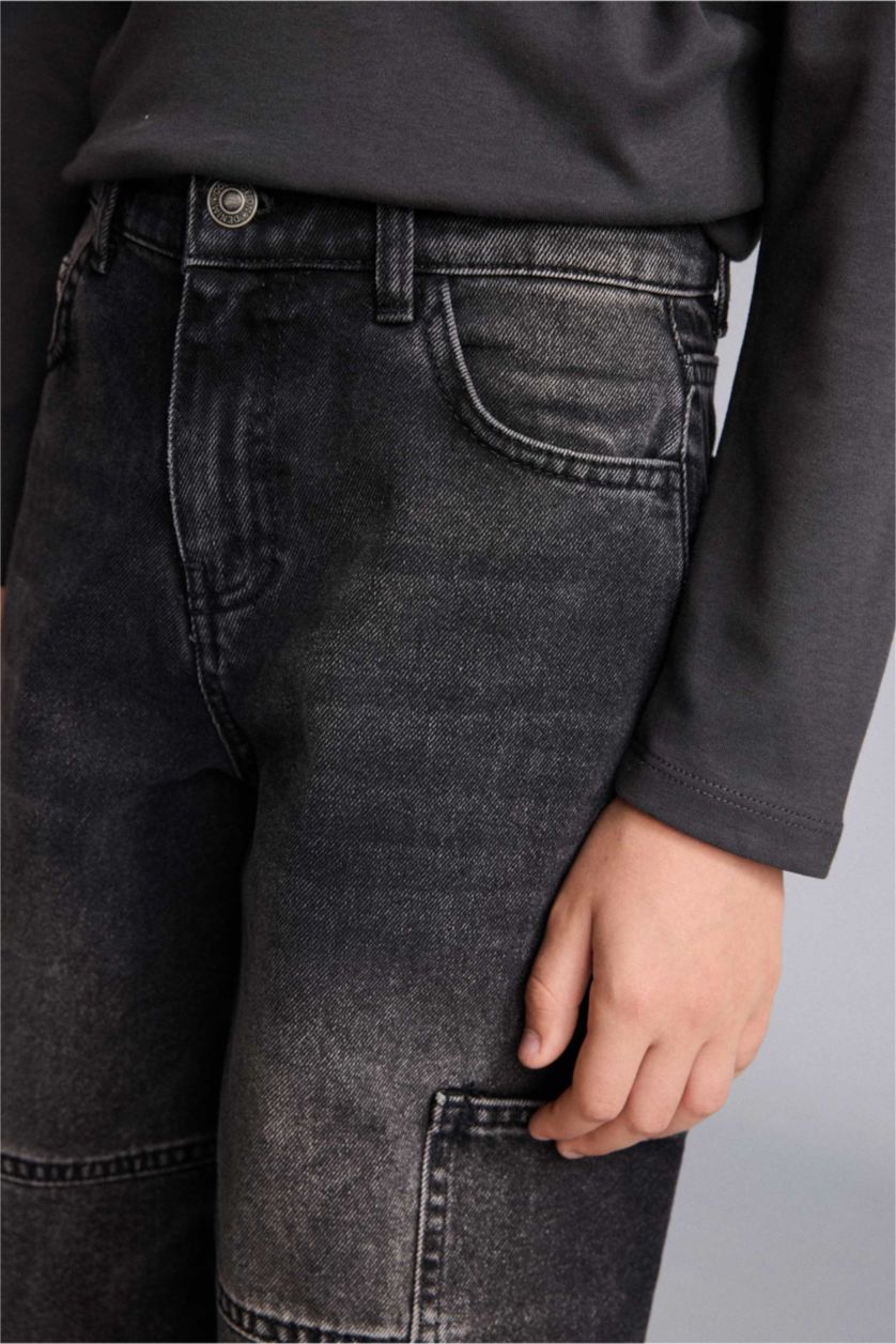 Erkek Çocuk - Genç Erkek Siyah %100 Pamuk Barrel Fit Düz Paça Jean Pantolon Erkek Çocuk