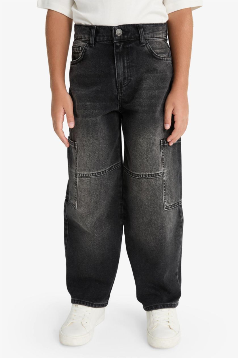 Erkek Çocuk - Genç Erkek Siyah Barrel Fit Düz Paça Jean Pantolon Erkek Çocuk