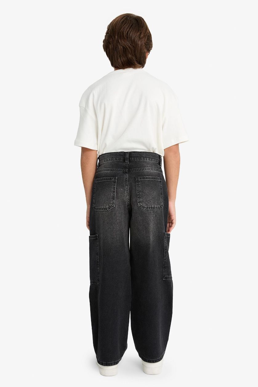 Erkek Çocuk - Genç Erkek Siyah Barrel Fit Düz Paça Jean Pantolon Erkek Çocuk