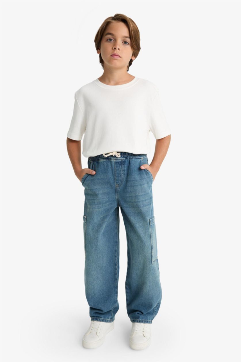 Erkek Çocuk - Genç Erkek Mavi Barrel Fit Düz Paça Jean Pantolon Erkek Çocuk