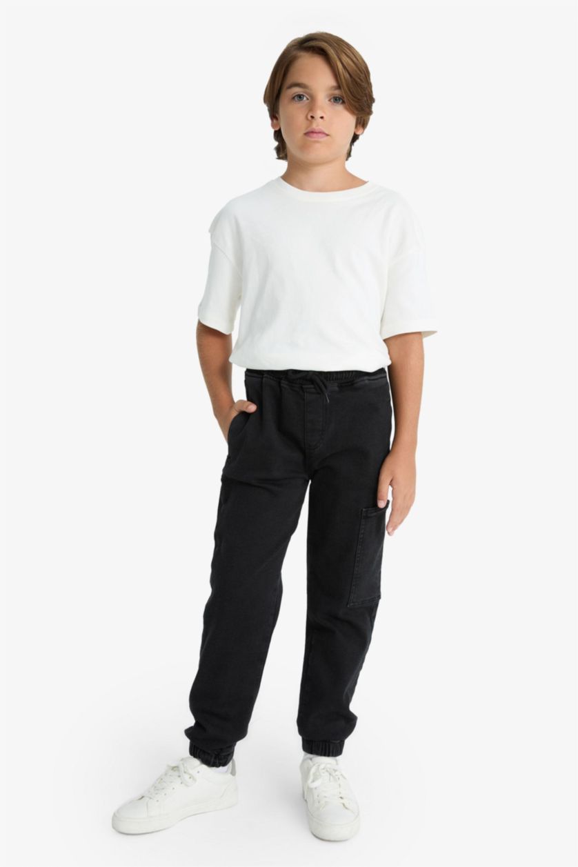 Erkek Çocuk - Genç Erkek Siyah Kargo Jogger Esnek Bantlı Paça Jean Pantolon Erkek Çocuk