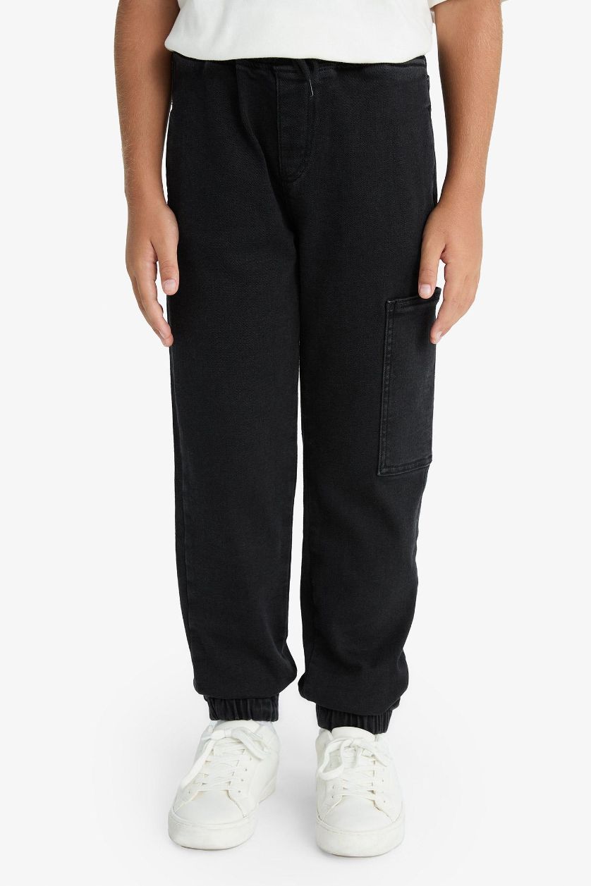 Erkek Çocuk - Genç Erkek Siyah Kargo Jogger Esnek Bantlı Paça Jean Pantolon Erkek Çocuk