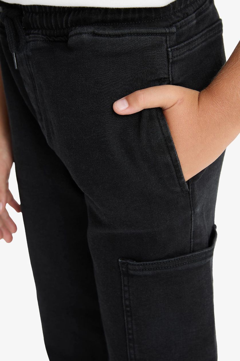 Erkek Çocuk - Genç Erkek Siyah Kargo Jogger Esnek Bantlı Paça Jean Pantolon Erkek Çocuk