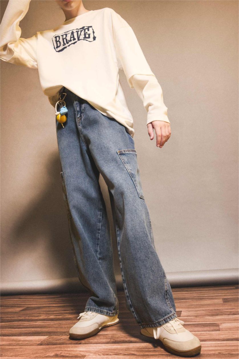 Erkek Çocuk - Genç Erkek Mavi %100 Pamuk Barrel Fit Düz Paça Jean Pantolon Erkek Çocuk