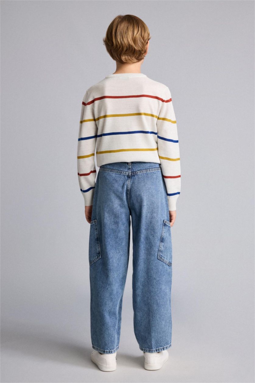 Erkek Çocuk - Genç Erkek Mavi %100 Pamuk Barrel Fit Düz Paça Jean Pantolon Erkek Çocuk