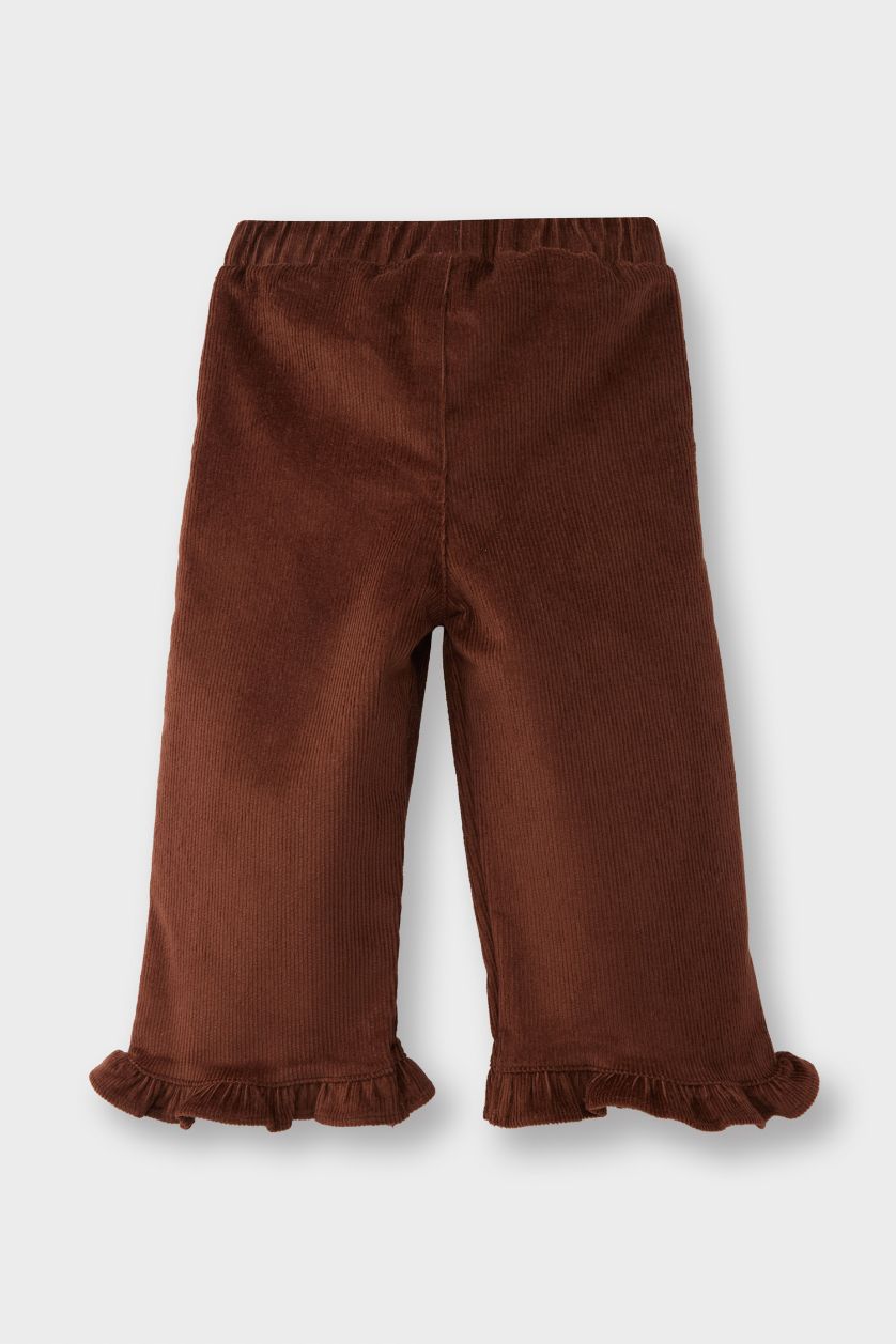 Kız Bebek Kahve Beli Lastikli Wide Leg Düz Paça Kadife Pantolon Kız Bebek