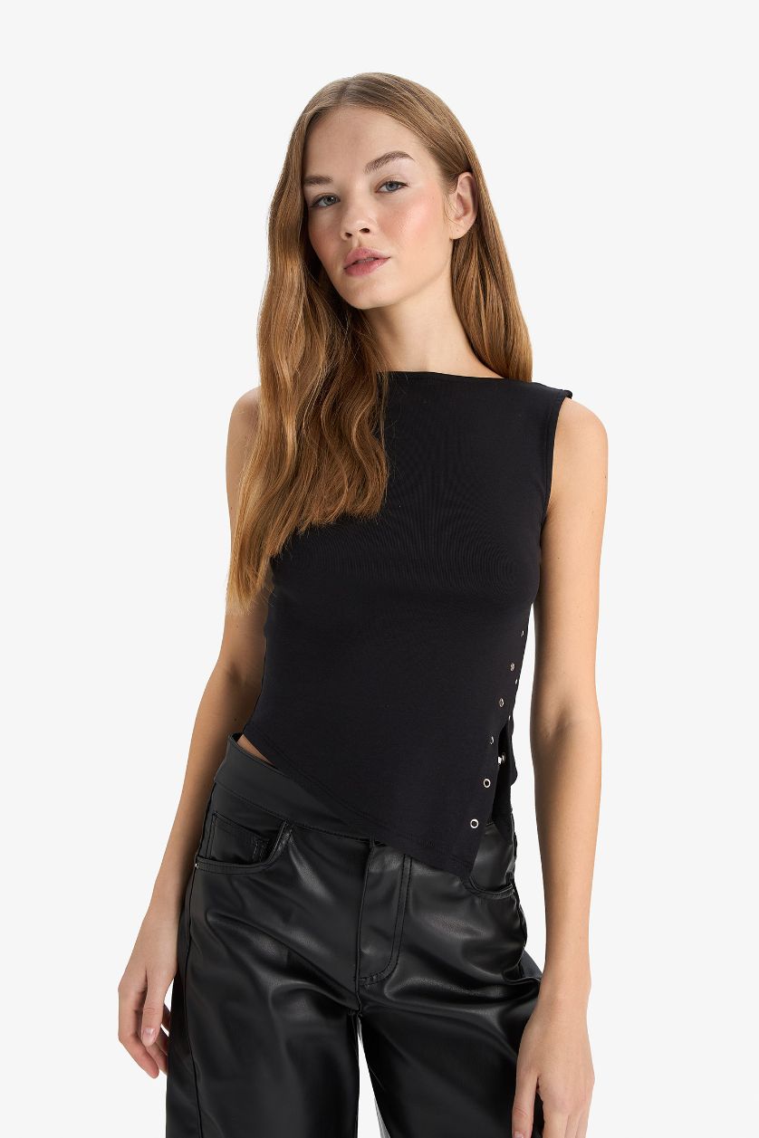 حريمي أسود بلوزة كت مخصر بياقة عريضة وفتحة