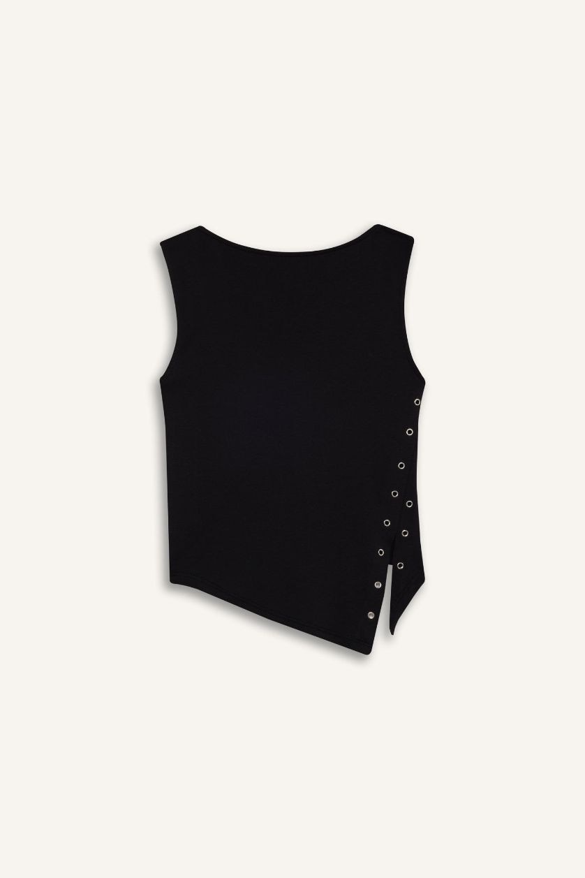 حريمي أسود بلوزة كت مخصر بياقة عريضة وفتحة