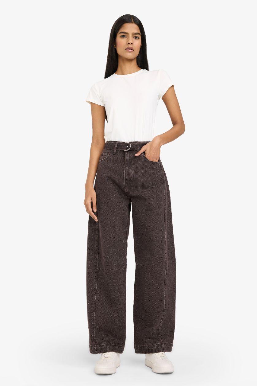 Woman Brown Barrel Fit High Waist Long Jeans