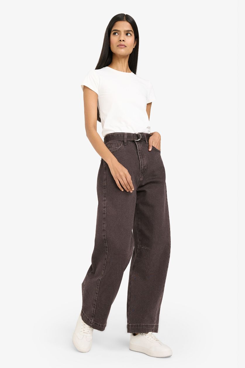 Woman Brown Barrel Fit High Waist Long Jeans