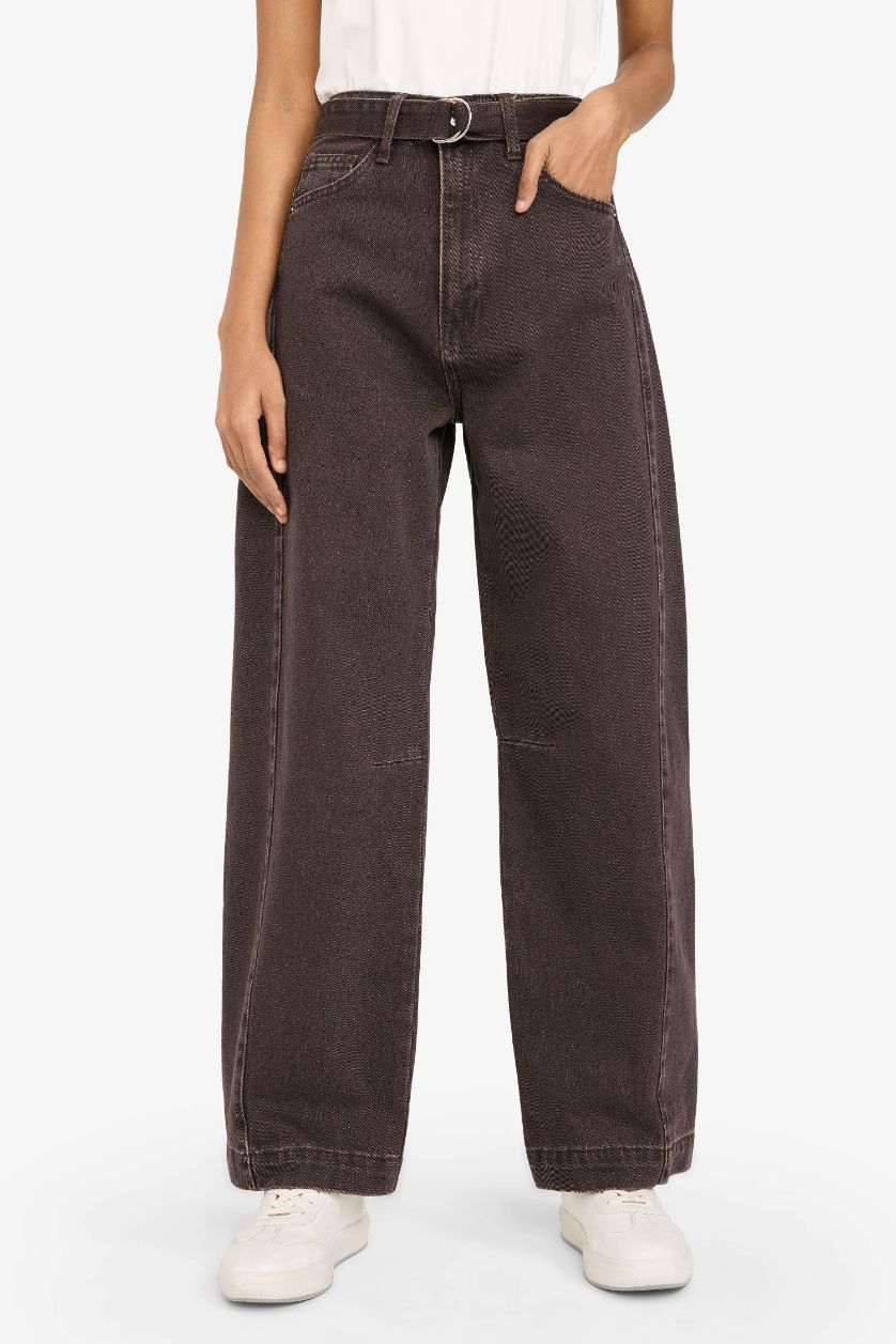 Woman Brown Barrel Fit High Waist Long Jeans