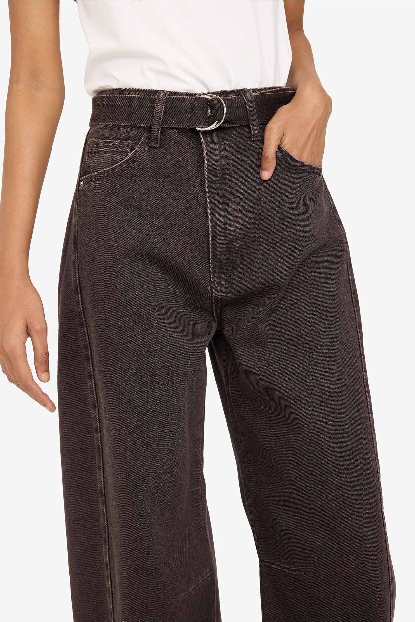 Woman Brown Barrel Fit High Waist Long Jeans