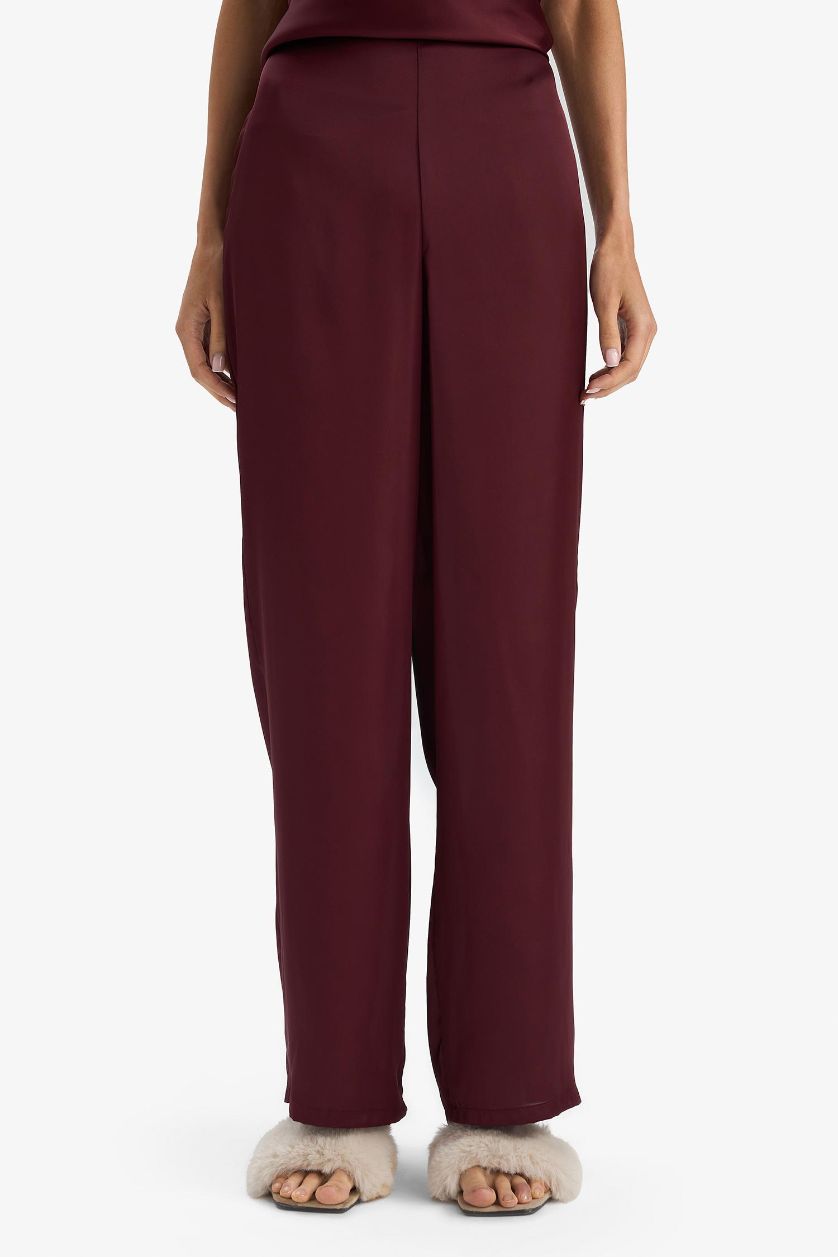 Kadın Bordo Regular Fit Uzun Boy Saten Alt