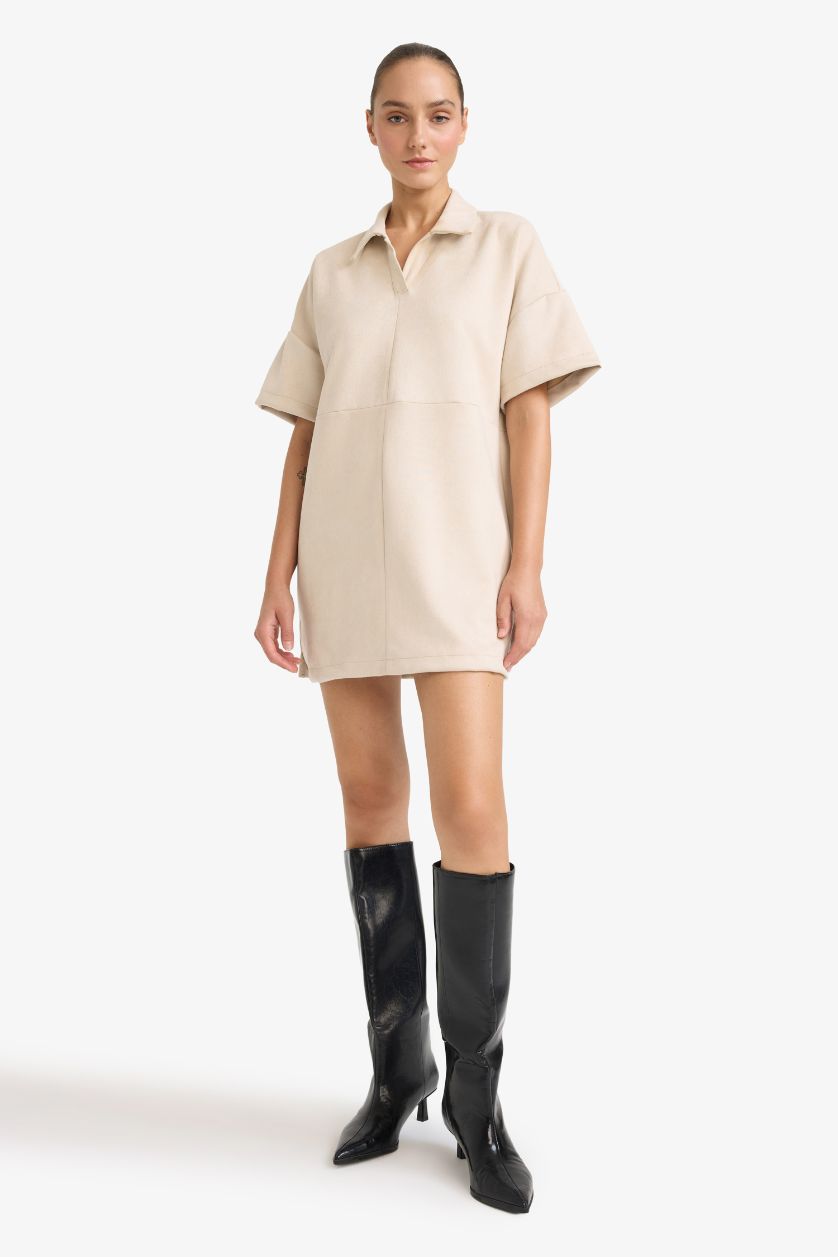 WOMAN Beige A Cut Polo Collar Suede Dress