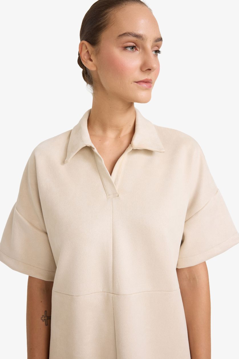 WOMAN Beige A Cut Polo Collar Suede Dress