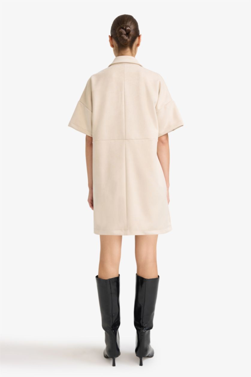 WOMAN Beige A Cut Polo Collar Suede Dress