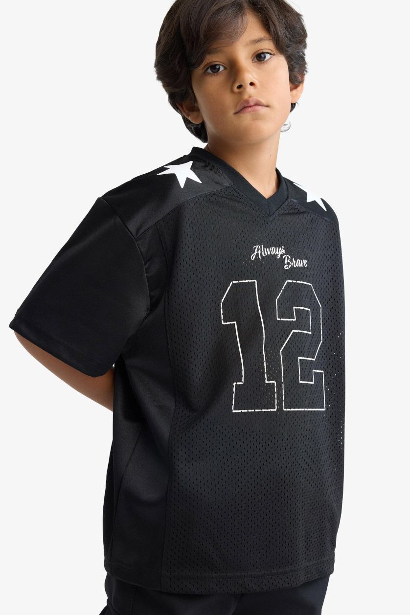 Erkek Çocuk - Genç Erkek Siyah Oversize Geniş Kalıp V Yaka Baskılı Tül Kısa Kollu Tişört Erkek Çocuk