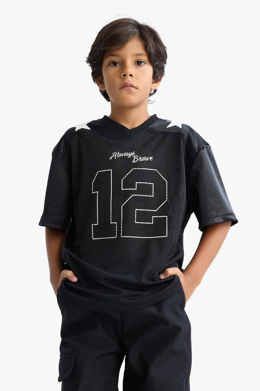 Erkek Çocuk - Genç Erkek Siyah Oversize Geniş Kalıp V Yaka Baskılı Tül Kısa Kollu Tişört Erkek Çocuk