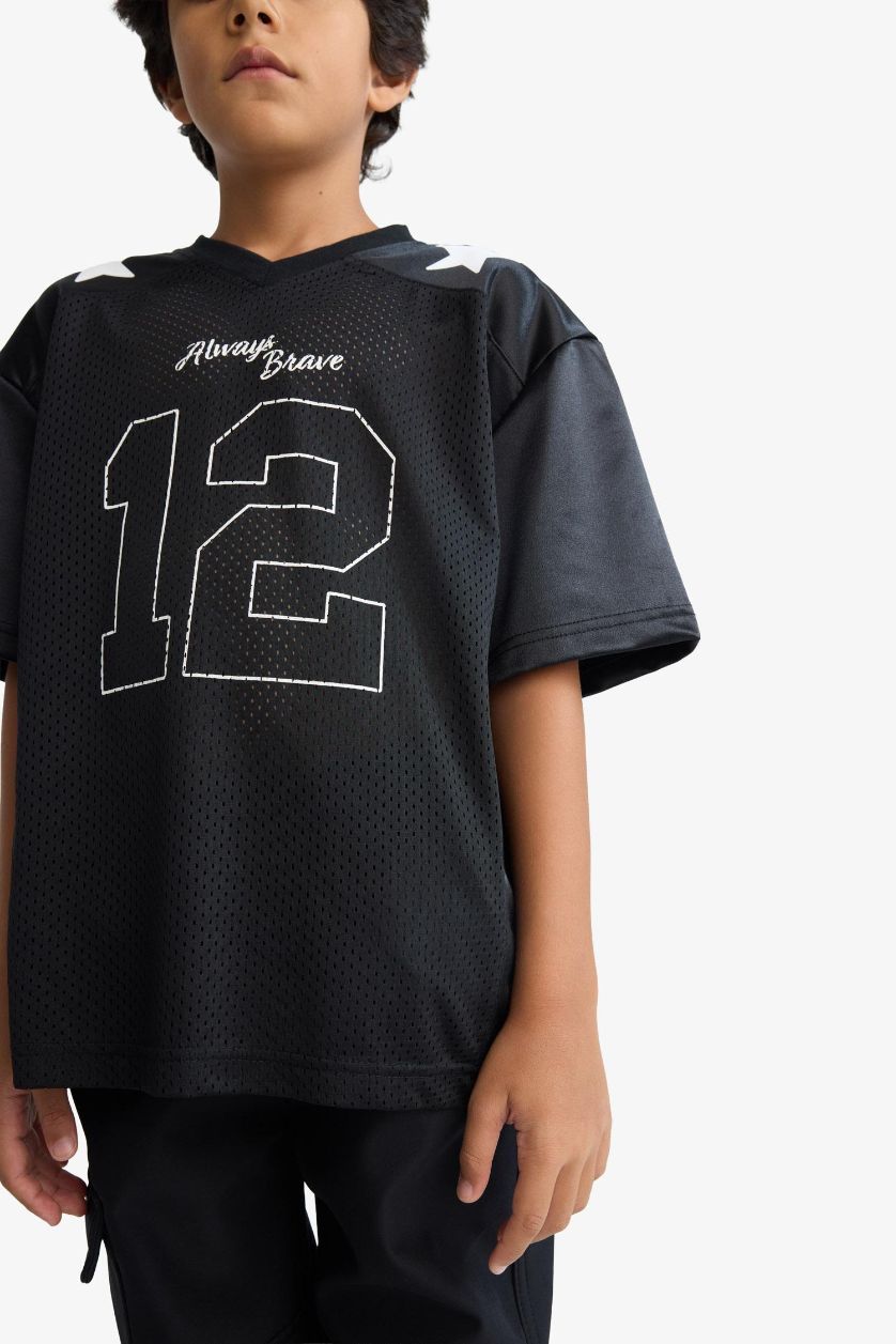 Erkek Çocuk - Genç Erkek Siyah Oversize Geniş Kalıp V Yaka Baskılı Tül Kısa Kollu Tişört Erkek Çocuk