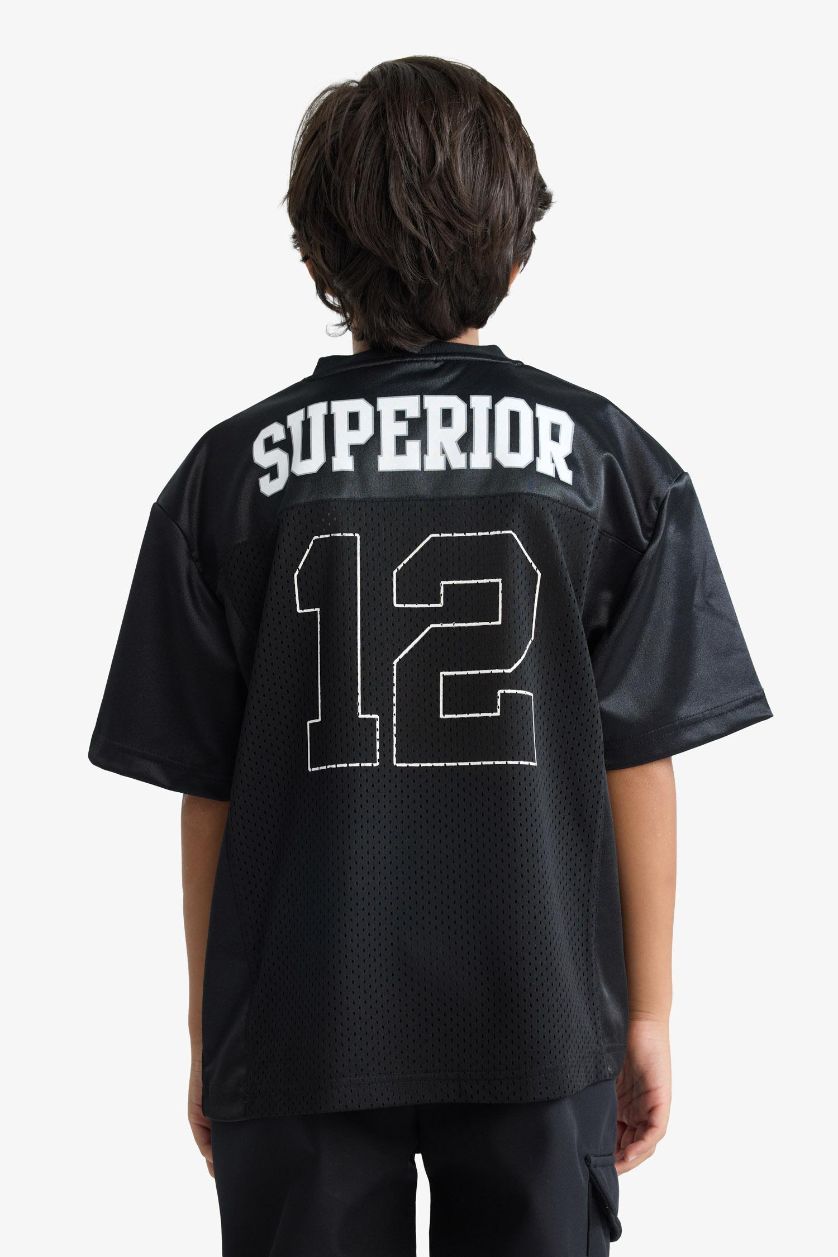 Erkek Çocuk - Genç Erkek Siyah Oversize Geniş Kalıp V Yaka Baskılı Tül Kısa Kollu Tişört Erkek Çocuk