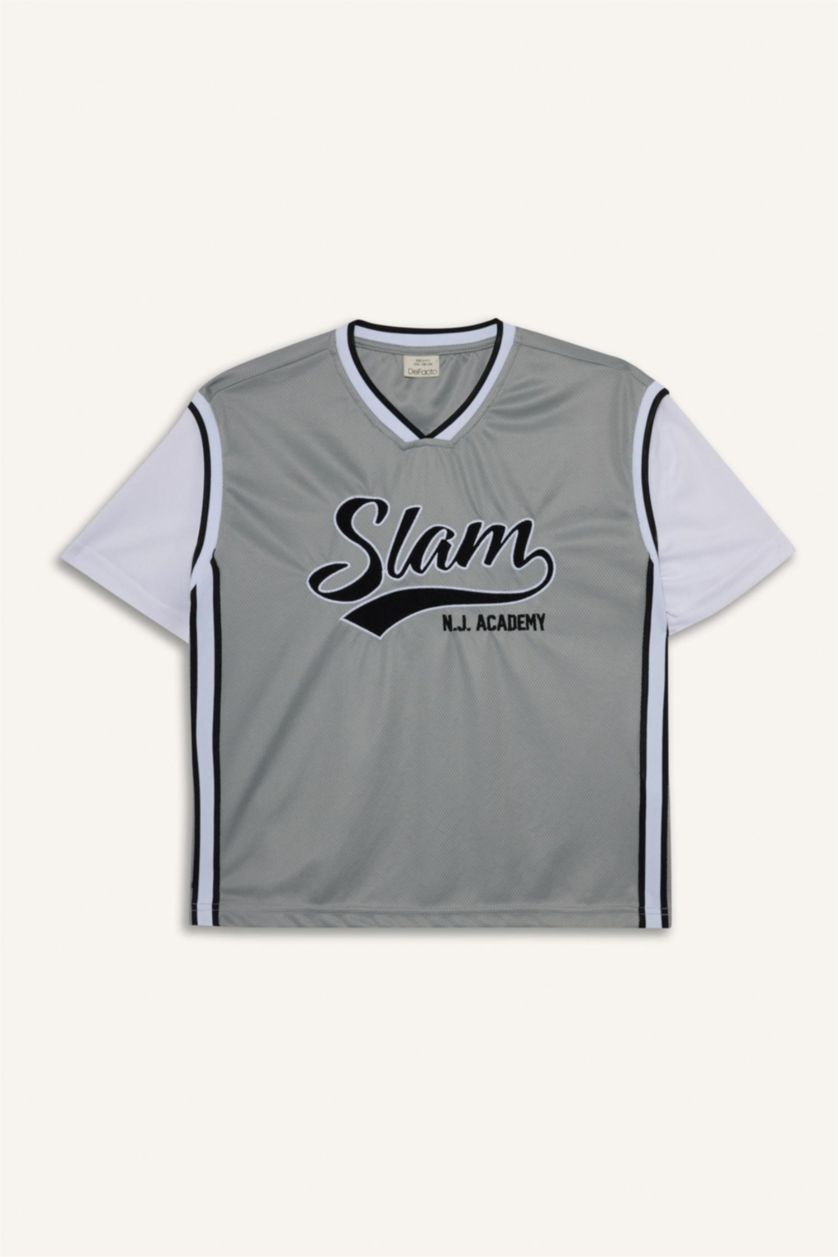 Erkek Çocuk - Genç Erkek Açık Gri Oversize Geniş Kalıp V Yaka Nakışlı Tül Kısa Kollu Tişört Erkek Çocuk