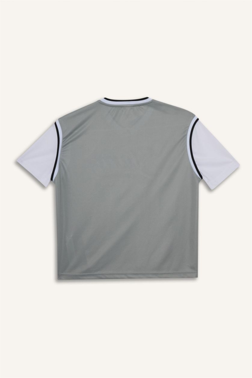 Erkek Çocuk - Genç Erkek Açık Gri Oversize Geniş Kalıp V Yaka Nakışlı Tül Kısa Kollu Tişört Erkek Çocuk