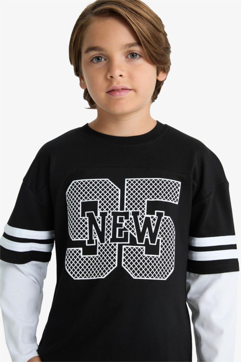 Erkek Çocuk - Genç Erkek Siyah Oversize Geniş Kalıp Bisiklet Yaka Baskılı Uzun Kollu Tişört Erkek Çocuk