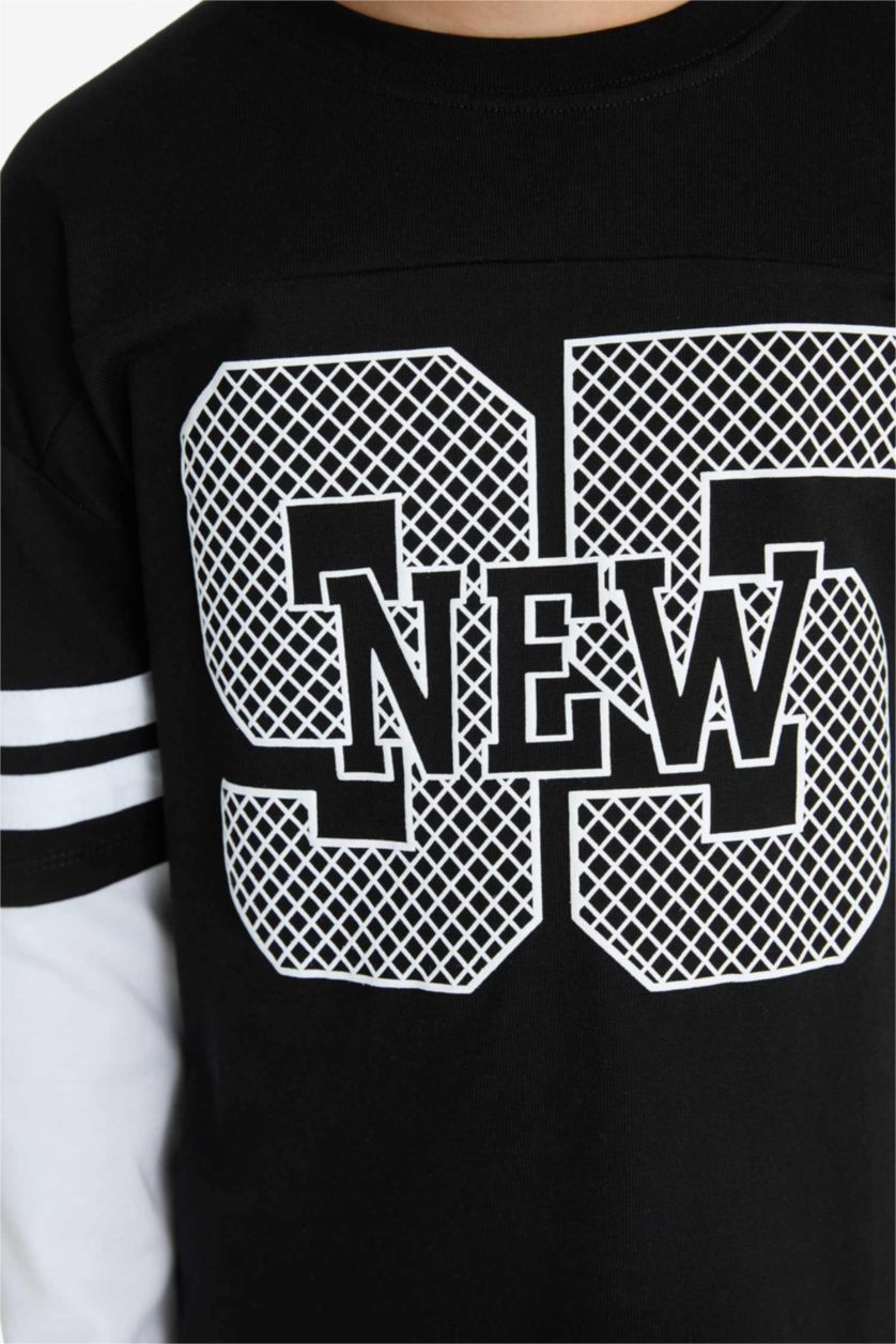 Erkek Çocuk - Genç Erkek Siyah Oversize Geniş Kalıp Bisiklet Yaka Baskılı Uzun Kollu Tişört Erkek Çocuk